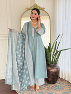 The52 Women's Beautiful Rayon Fabric Embroidery Work A-Line Kurta Pant and Dupatta Set | Grocsy