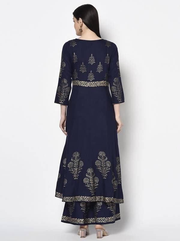 Aniyah Rayon Navy Blue Color Foil Print Anarkali Palazzo Set (AN-191K) | Grocsy