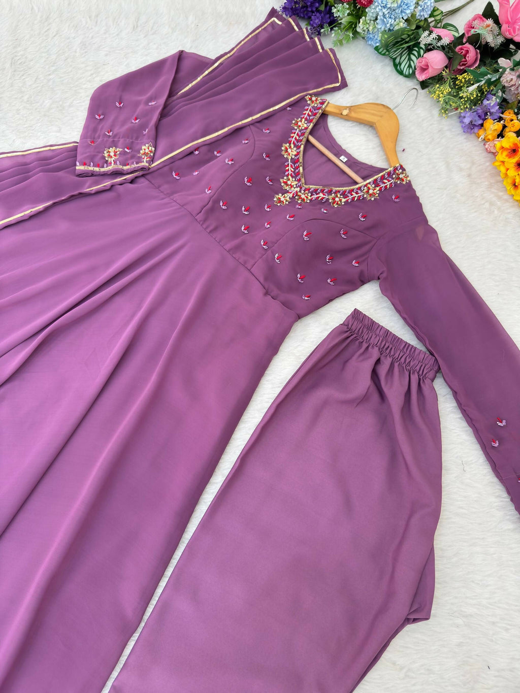 Teeya Creation Womens New Fancy Fox Georgette Heavy Quality Fabric With Handwork Lavender Gown Set | Grocsy