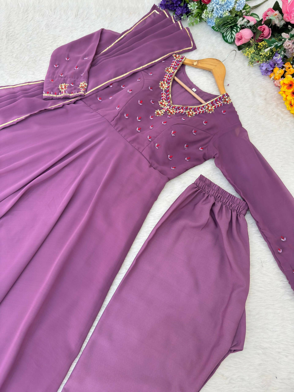 Teeya Creation Womens New Fancy Fox Georgette Heavy Quality Fabric With Handwork Lavender Gown Set | Grocsy