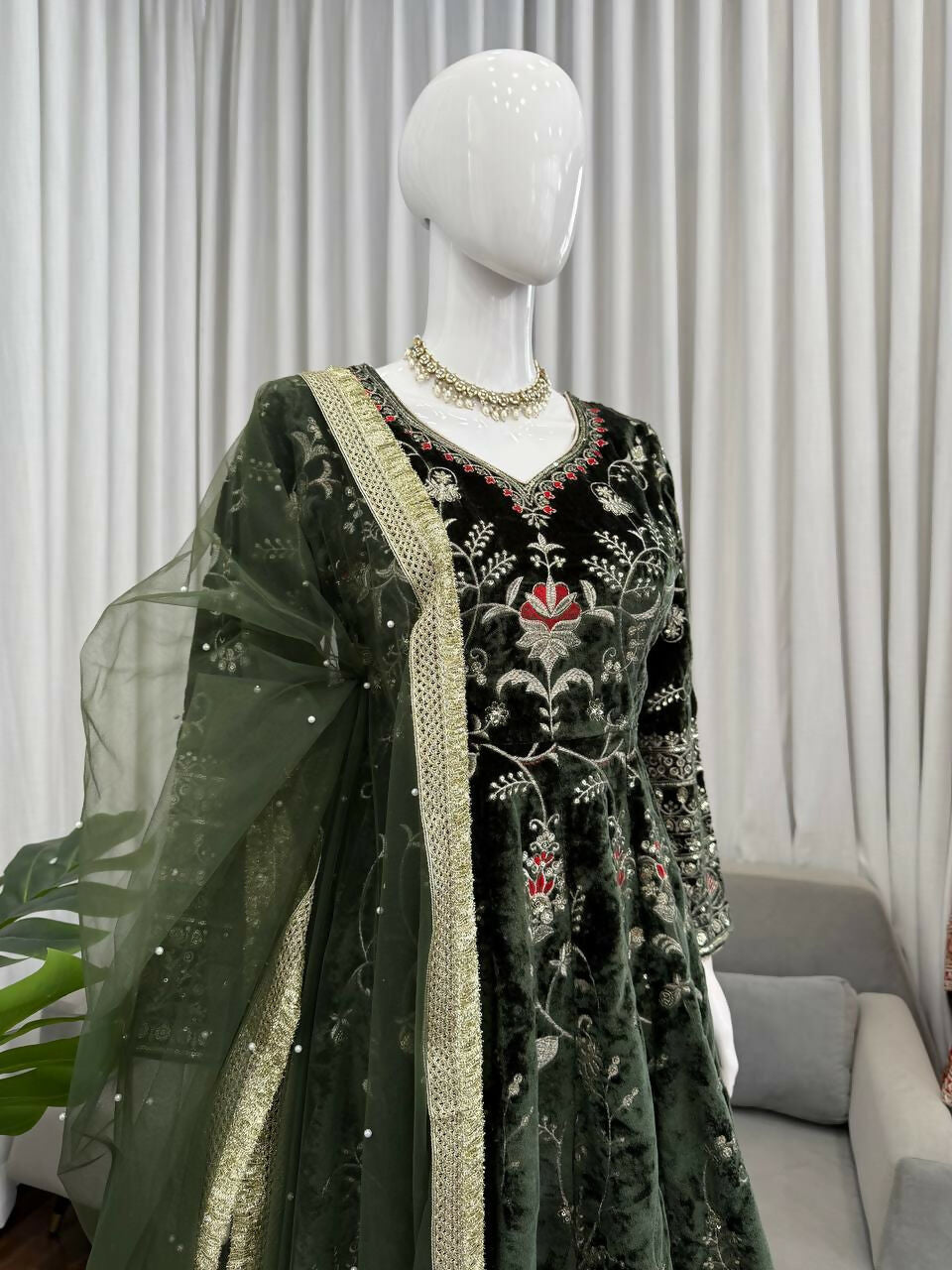 Vastranavya Mehendi Viscose Velvet Thread Sequence Work Top-Bottom With Dupatta | Grocsy