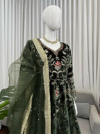 Vastranavya Mehendi Viscose Velvet Thread Sequence Work Top-Bottom With Dupatta | Grocsy