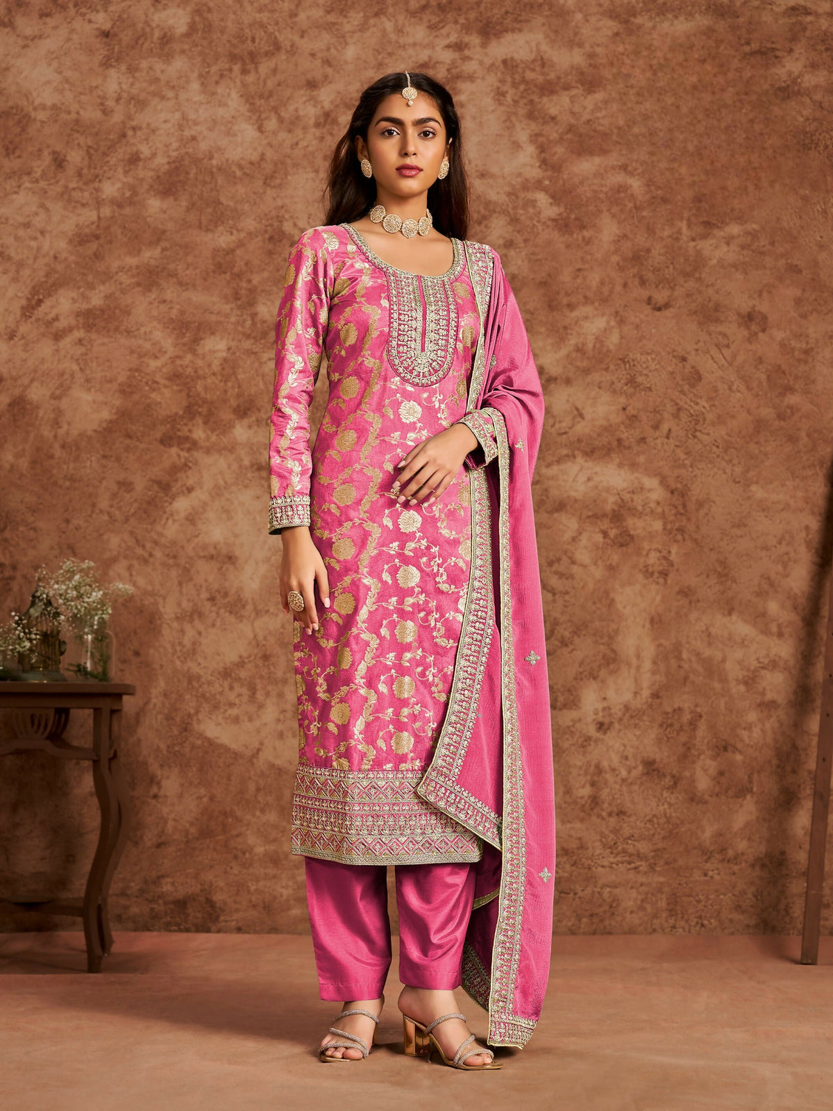 Anaita Pink Premium Dolla Jacquard Embroidered Stitched Salwar Suit | Grocsy
