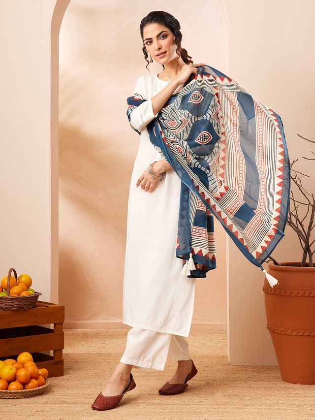 Janasya Off White Straight Rayon Kurta,Bottom & Dupatta | Grocsy