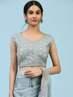 Sky Blue Silk Satin Plain Ready to wear Saree with stitched Blouse - Vrinda | Grocsy