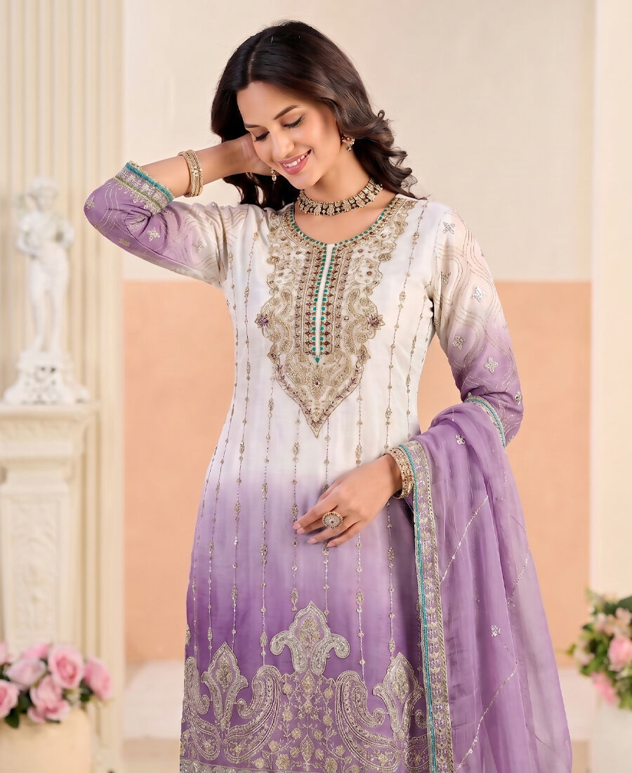 KC Designer Purple Ombre Straight Suit For Women With Hand Embroidery | Grocsy