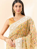 Beige Organza Floral Embroidered Saree with Unstitched Blouse Piece - Roozal | Grocsy