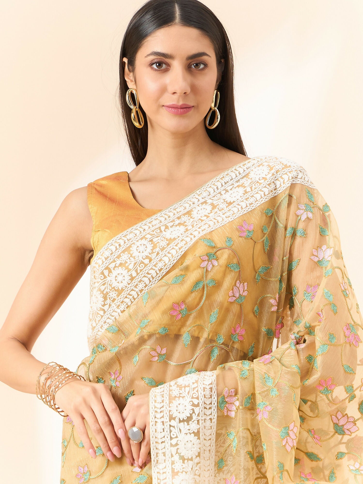 Beige Organza Floral Embroidered Saree with Unstitched Blouse Piece - Roozal | Grocsy
