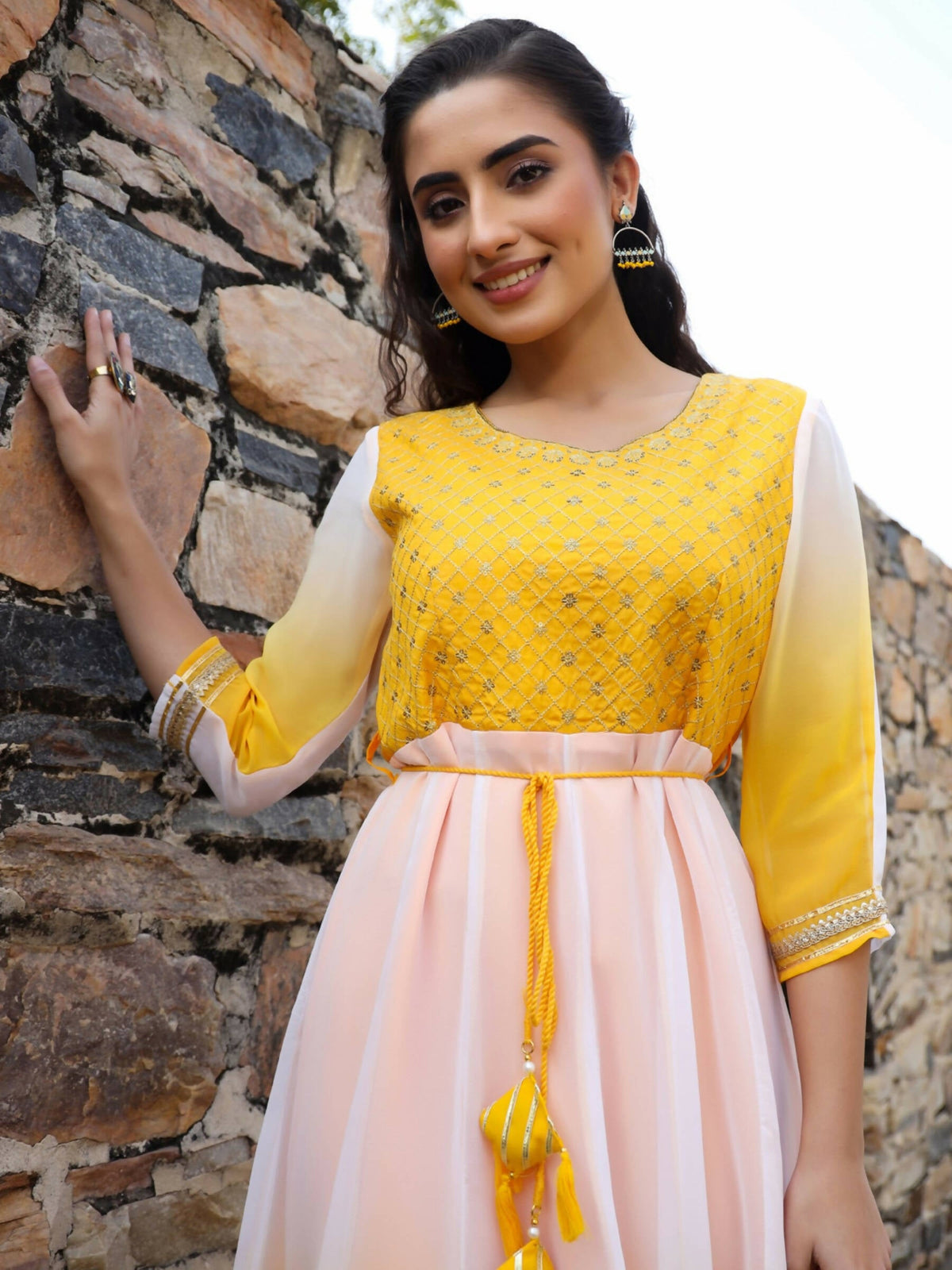 Juniper Women Yellow Georgette Embroidered Maxi Dress | Grocsy