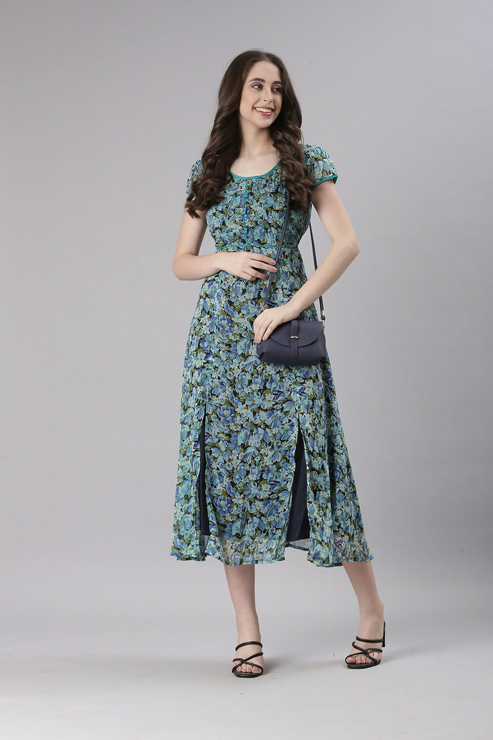 Souchii Teal & Blue Floral Printed Fit & Flare Dress | Grocsy