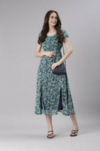 Souchii Teal & Blue Floral Printed Fit & Flare Dress | Grocsy