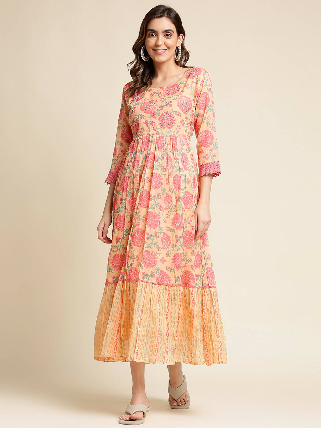 Peach Cotton Floral Printed Fit & Flare Dress - Yukti | Grocsy