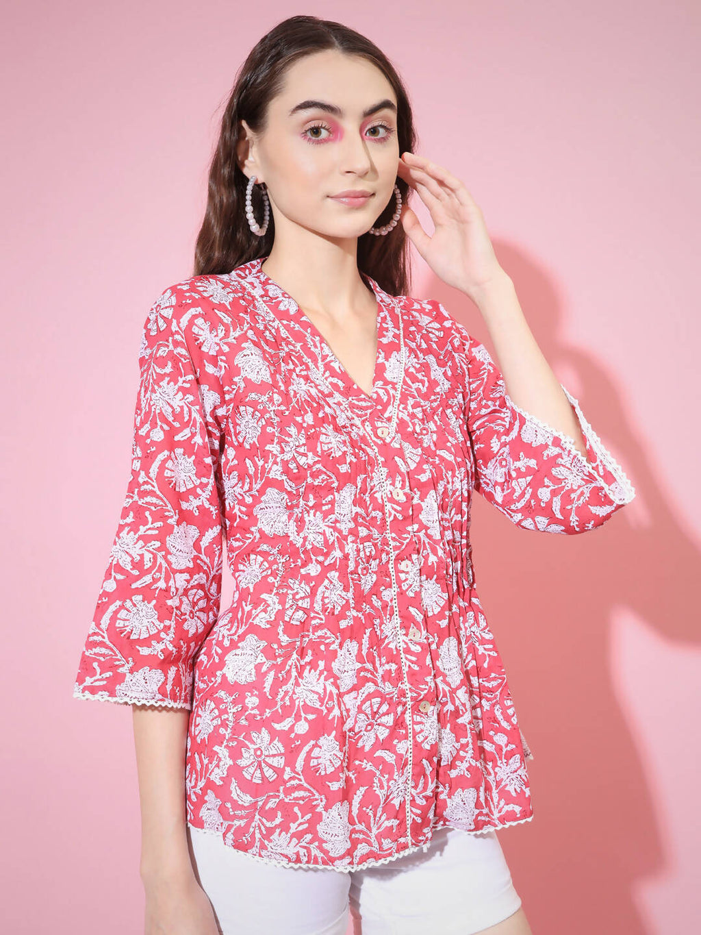 Myshka Women's Red Printed V-Neck Top | Grocsy