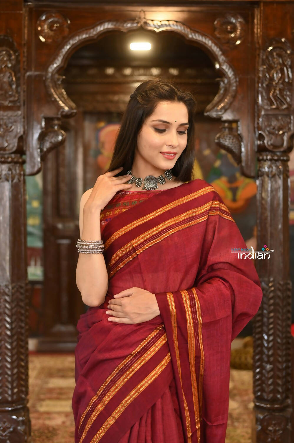 Very Much Indian Handloom Cotton Viscose Ilkal Saree Bright Maroon With Red Border | Grocsy