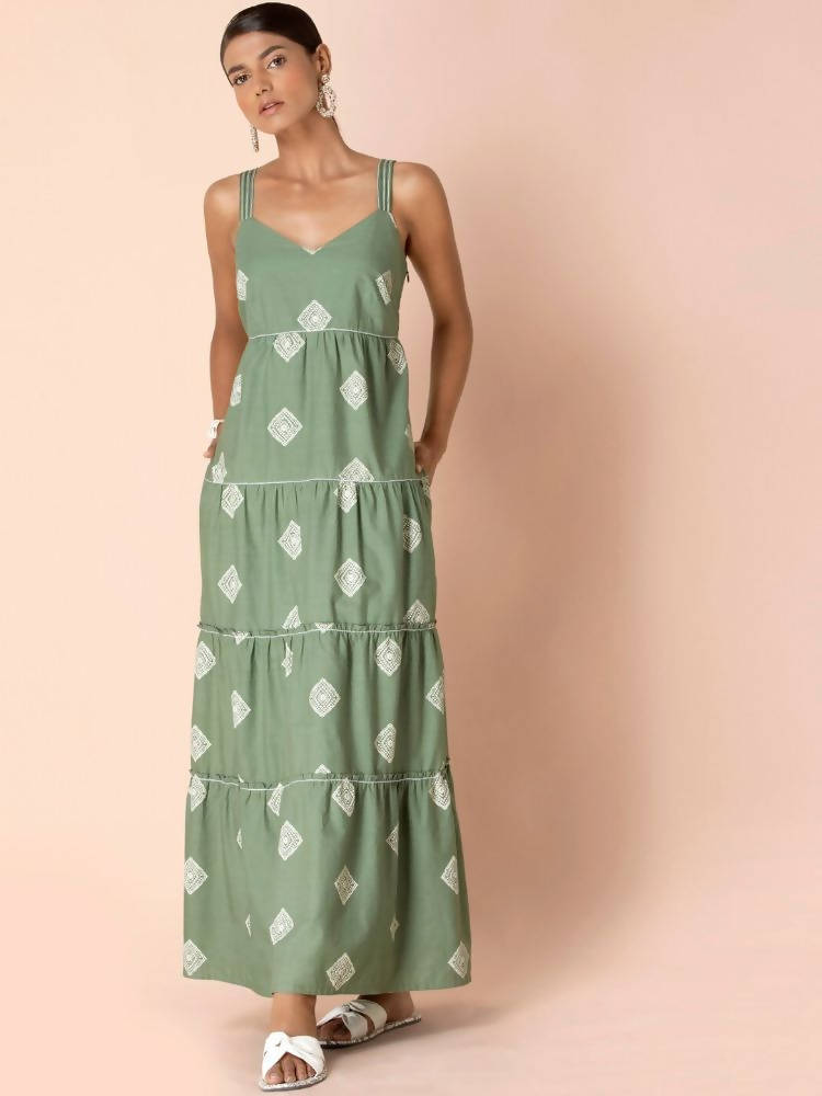 Indya Green Tribal Tiered Maxi Dress | Grocsy