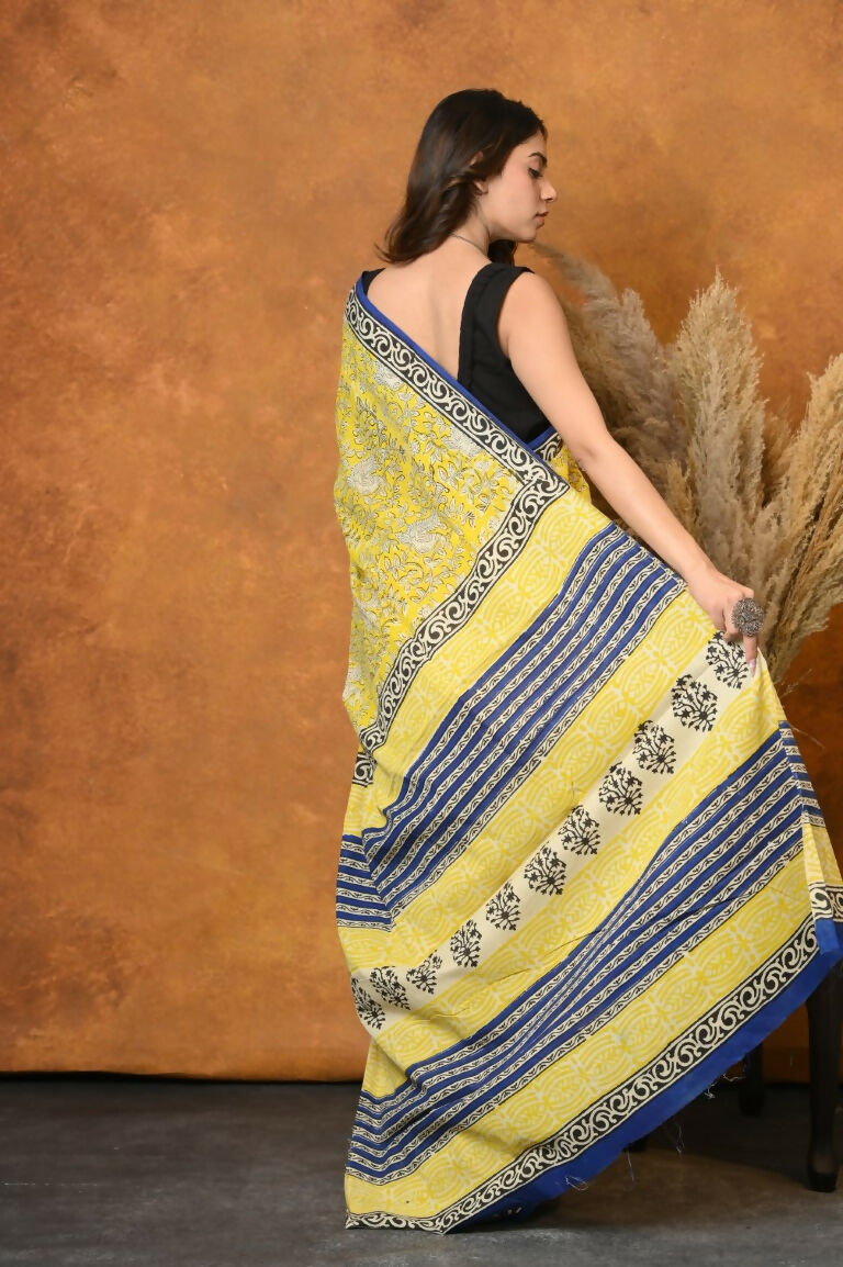 Very Much Indian Handblock Printed Cotton Saree With Natural Dyes - Green | Grocsy