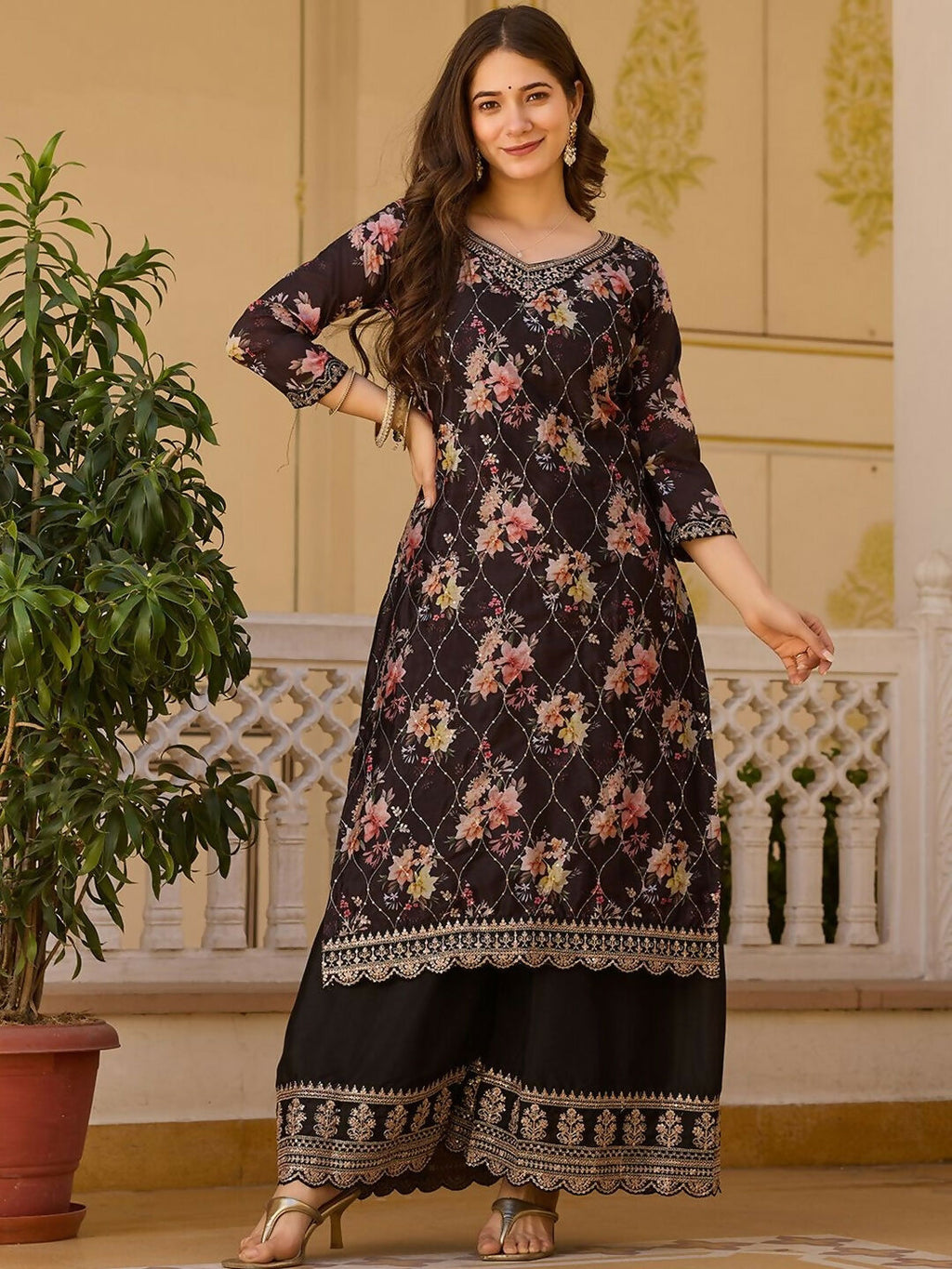 The52 Black Women's Gorgeous Embroidered Chinon Fabric Straight Kurta Palazzo and Dupatta Set | Grocsy