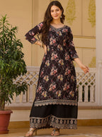 The52 Black Women's Gorgeous Embroidered Chinon Fabric Straight Kurta Palazzo and Dupatta Set | Grocsy