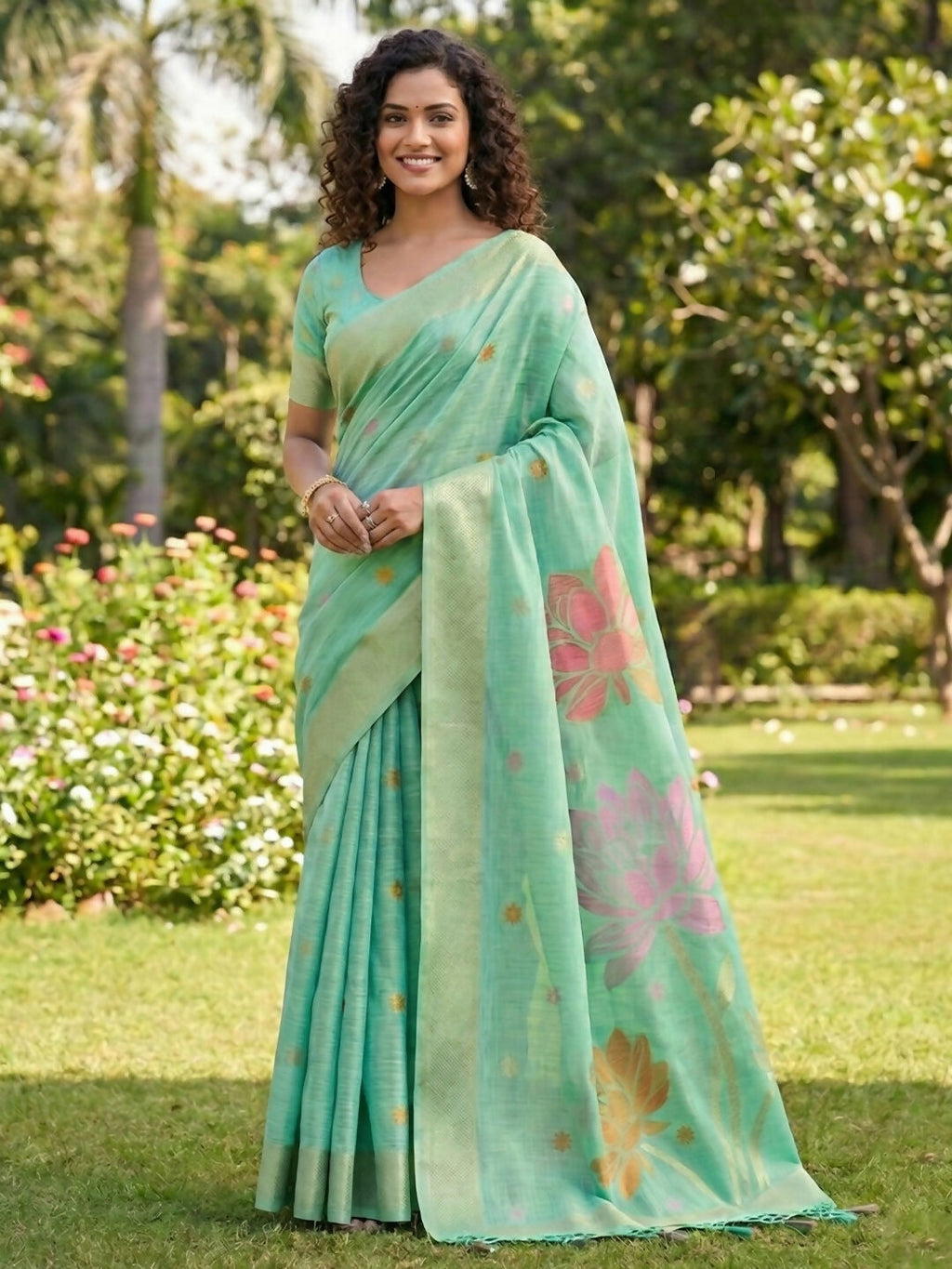 Shree Shyam Fashion Sea Green Linen Cotton Saree | Grocsy