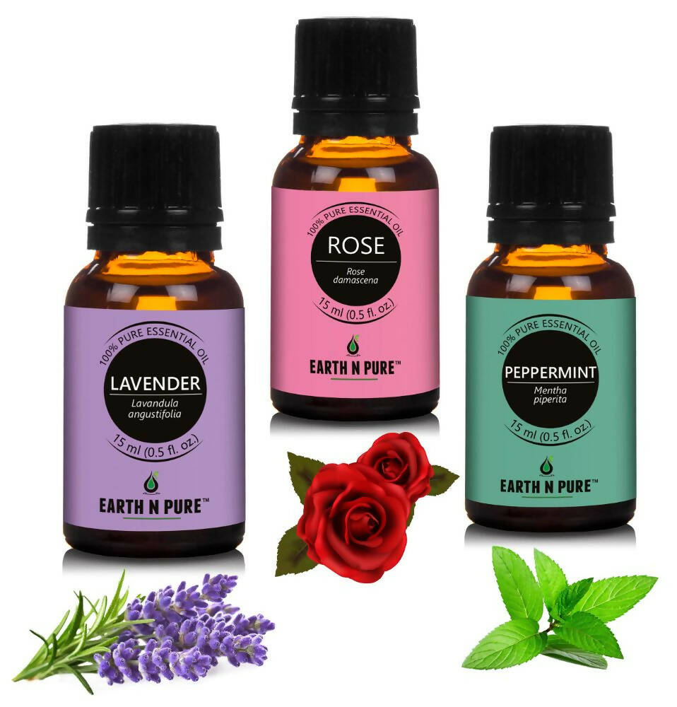 Earth N Pure Essential Oils (Lavender, Peppermint & Rose) Combo | Grocsy