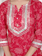 Miravan Red Floral Print Embroidered Cotton Straight Kurta with Palazzo & Dupatta | Grocsy