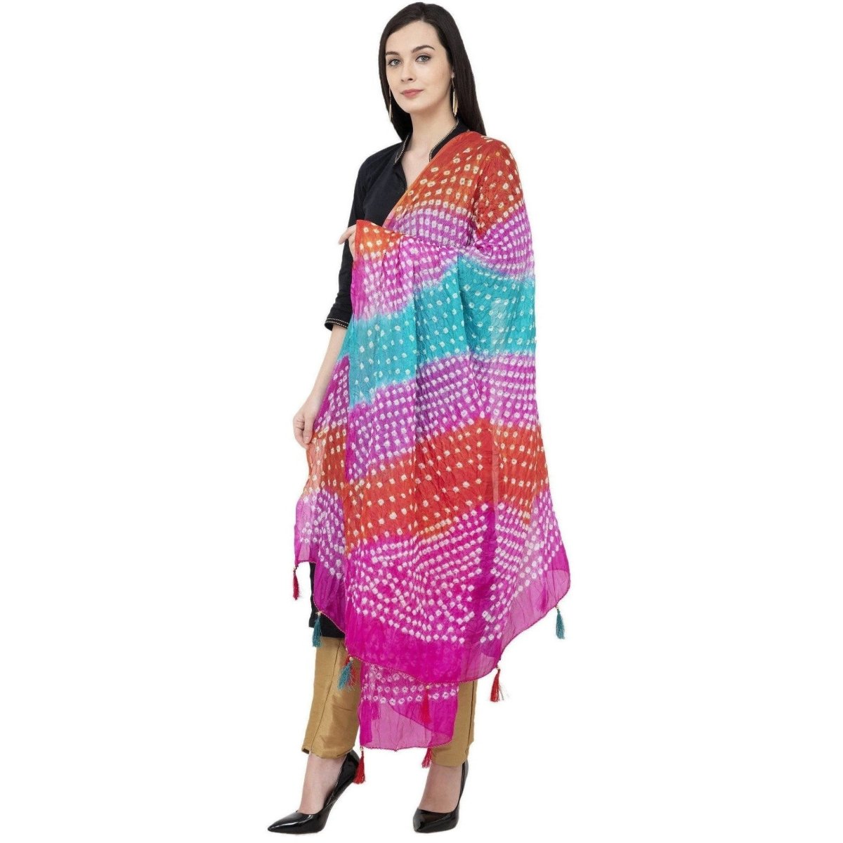 A R Silk Bandhej Multi Tasal Fancy Multi Color Dupatta | Grocsy