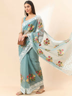 Blue Organza Floral Embroidered Saree with Unstitched Blouse Piece - Roozal | Grocsy
