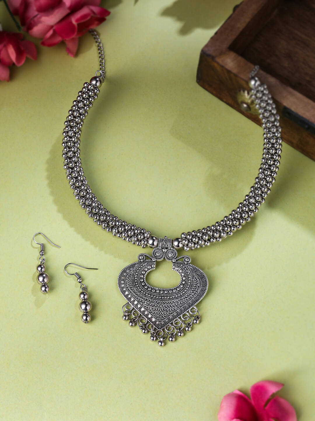 NVR Women Silver Toned Oxidised Jewellery Set | Grocsy