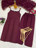 Teeya Creation Womens New Elegant Wine Embroidered Kurti with Matching Bottom Set | Grocsy