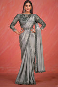 Silver Grey Crepe Silk Satin Cord & Sequence Embroidery with Thread & Stone Work Saree With Stitched Blouse - Mohmanthan Elegancia | Grocsy