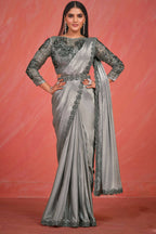 Silver Grey Crepe Silk Satin Cord & Sequence Embroidery with Thread & Stone Work Saree With Stitched Blouse - Mohmanthan Elegancia | Grocsy