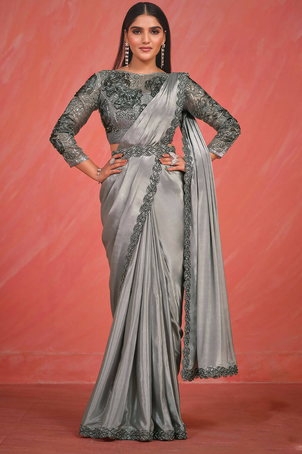 Silver Grey Crepe Silk Satin Cord & Sequence Embroidery with Thread & Stone Work Saree With Stitched Blouse - Mohmanthan Elegancia | Grocsy
