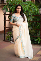 Blue Pure Linen Ethnic Motifs Saree with Unstitched Blouse - A2M | Grocsy