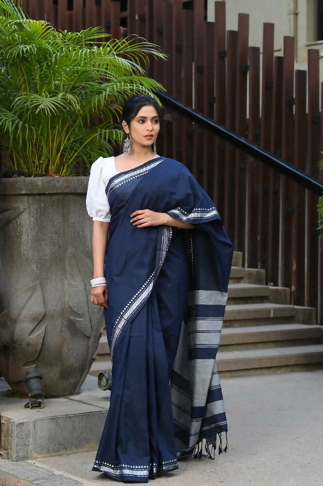 Beatitude Blue Cotton Handloom Saree | Grocsy