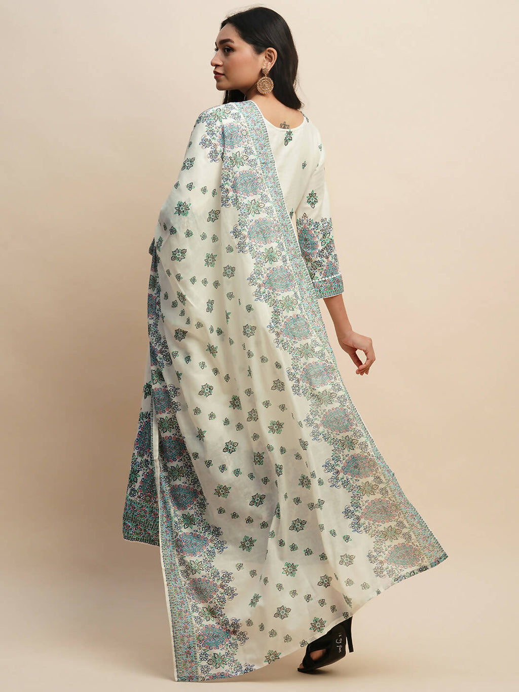 White And Blue Pure Cotton Floral Printed Anarkali Kurta And Bottom With Dupatta - Akashara | Grocsy