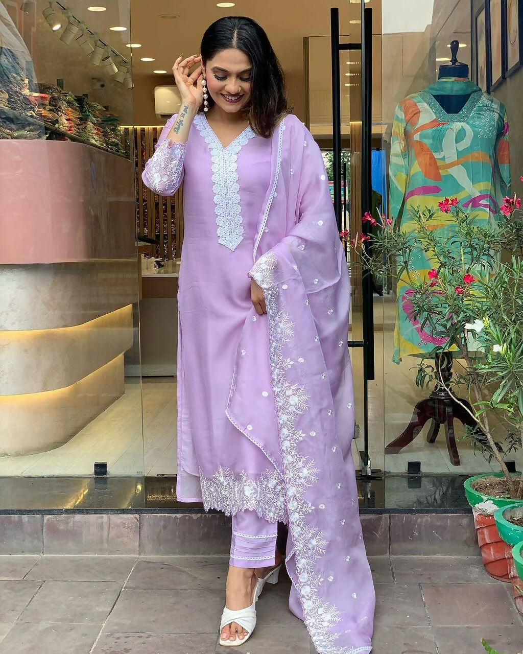 The52 Lavender Women's Gorgeous Embroidered Georgette Fabric Straight Kurta Pant with Dupatta Set | Grocsy