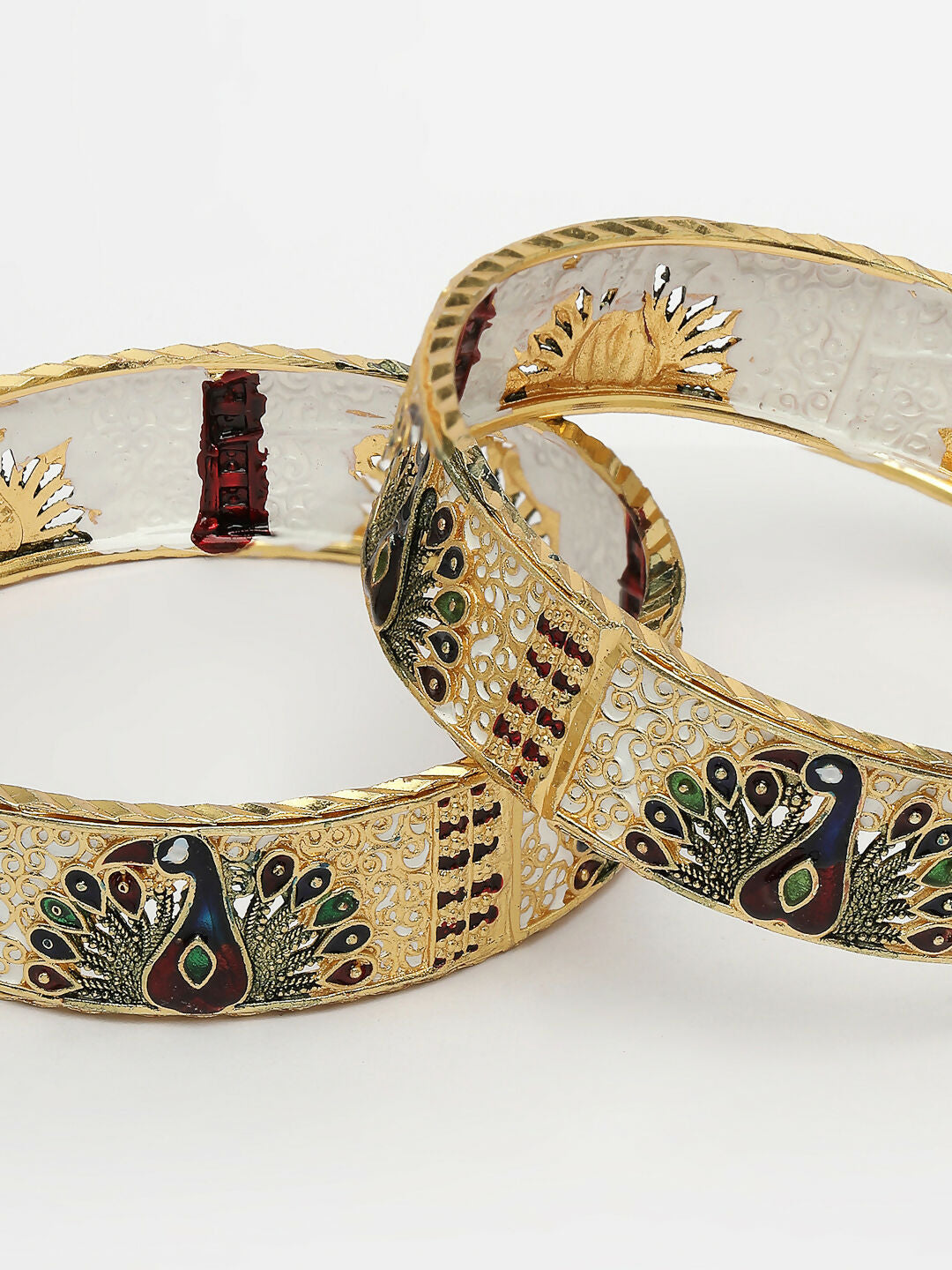 NVR Women's Set of 2 Gold-Polished Peacock Design Meenakari Handcrafted Bangles