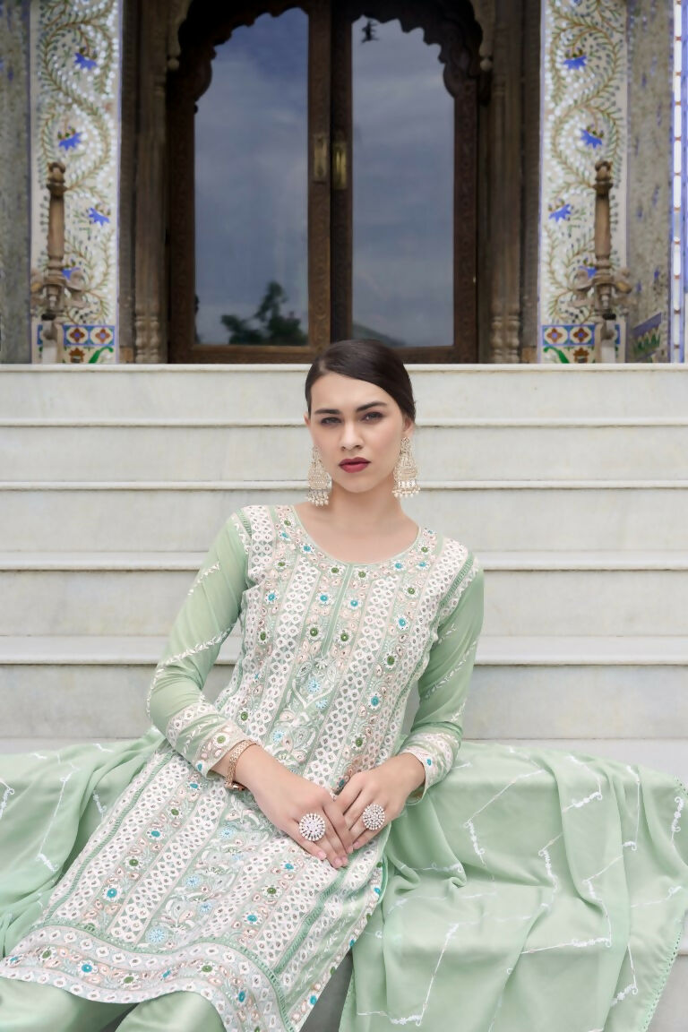 Jyoti Fashion Women's Sea Green Faux Georgette Heavy Embroidery and Moti Work Kurta Set | Grocsy