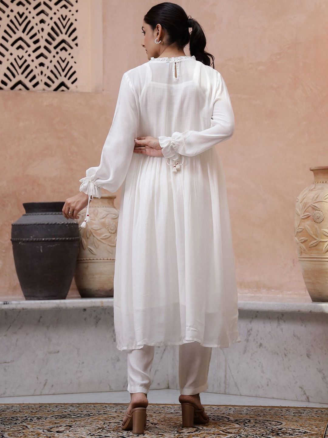 Sangria Floral Embroidered Pleated Thread Work Kurta with Trouser | Grocsy