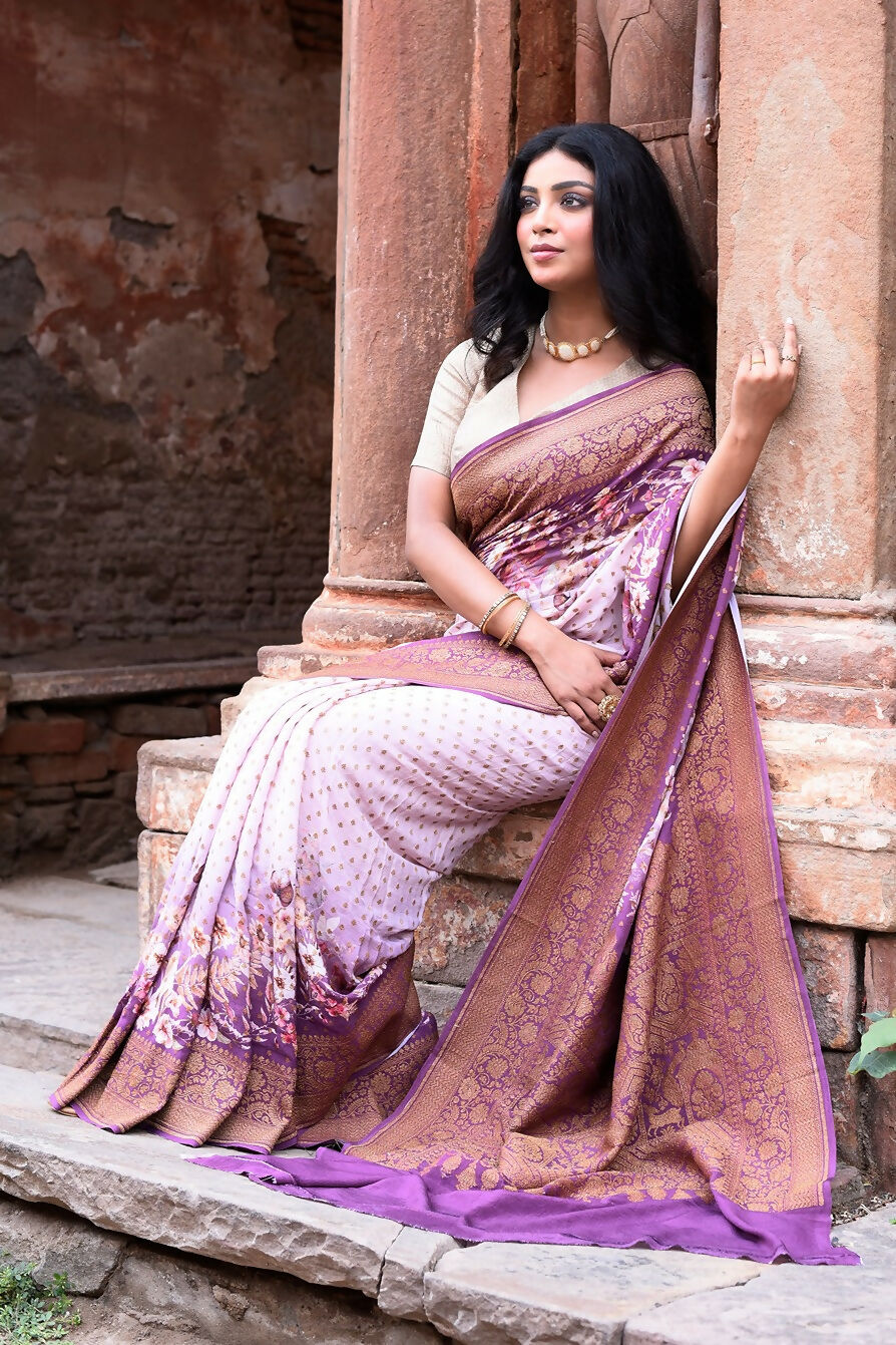 Joban Fashion Dark And Light Lilac Crepe Chiffon Pure Handloom Banarasi Silk Saree | Grocsy