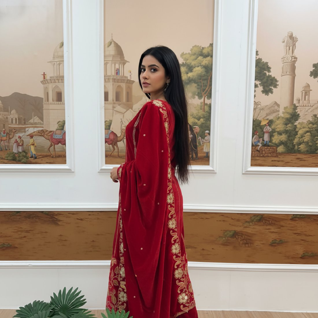 Joban Fashion Red Velvet Embroidery Sequence Work Readymade Kurta Set | Grocsy