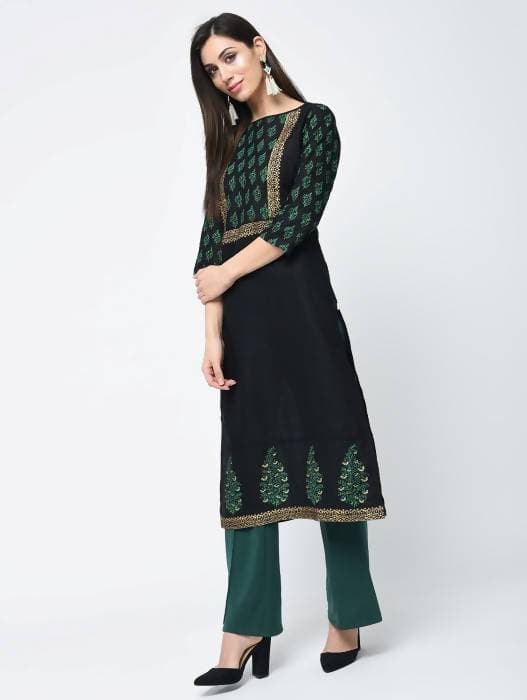 Aniyah Cotton Block Printed Black Straight Kurta (AN-131K) | Grocsy