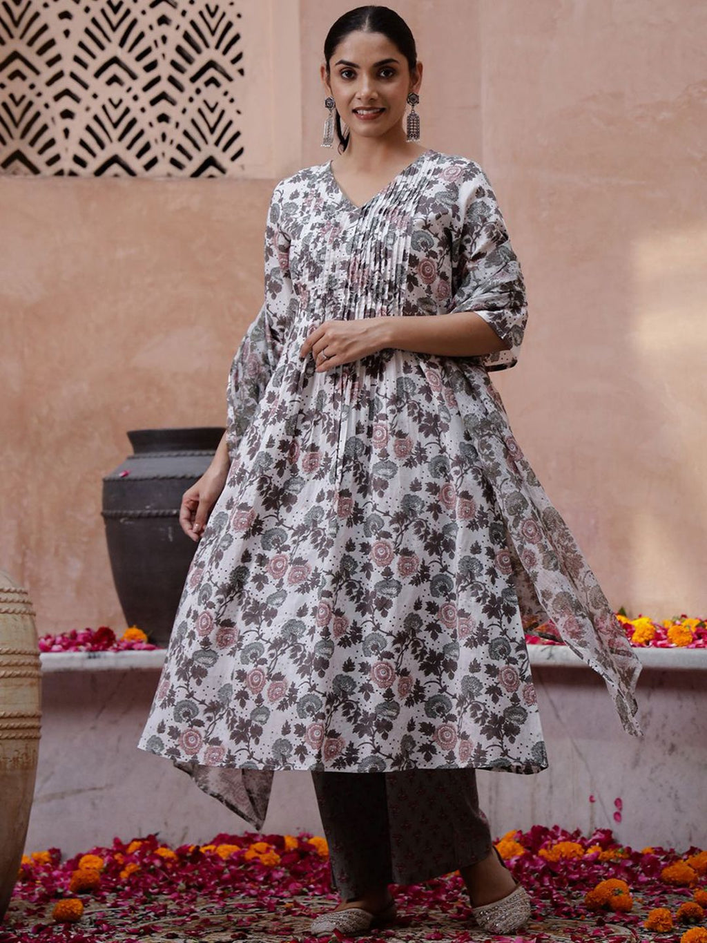 Sangria Off White Floral Printed Pure Cotton Kurta & Trouser With Dupatta | Grocsy