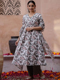 Sangria Off White Floral Printed Pure Cotton Kurta & Trouser With Dupatta | Grocsy