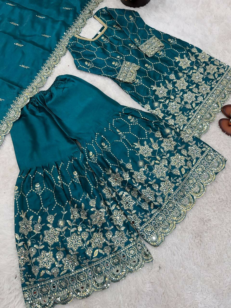 Teeya Creation New Trendy Latest Designer Embroidery Sharara Kurta Set -Teal | Grocsy