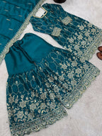 Teeya Creation New Trendy Latest Designer Embroidery Sharara Kurta Set -Teal | Grocsy