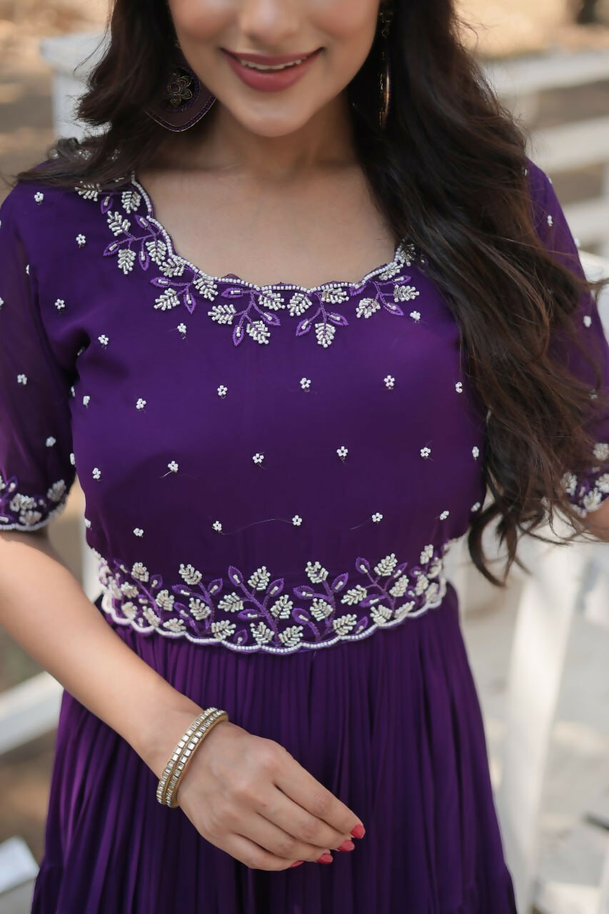 Vastranavya Faux Blooming with Beads embroidery-work Gown - Purple | Grocsy