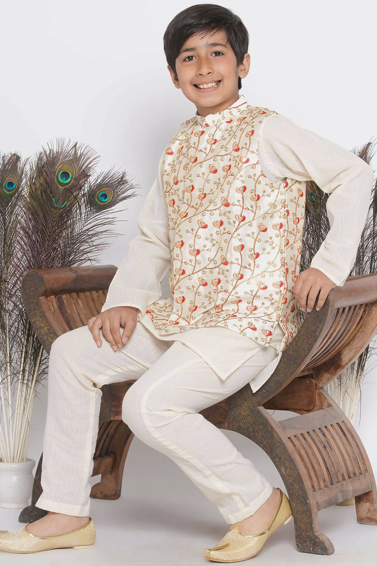 Little Bansi Banarsi Red Tulip Embroidery Jacket with Cotton Kantha kurta and Kantha Pyjama - Cream | Grocsy