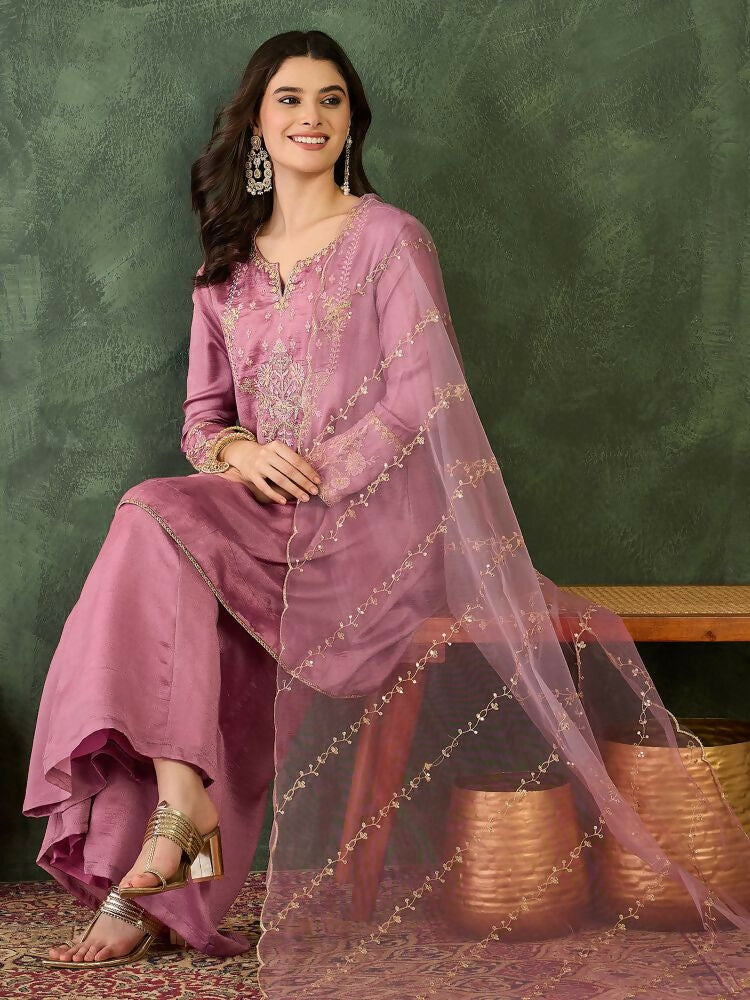 The52 Women's Gorgeous Embroidery Work Viscose Silk Fabric A-line Kurta Sharara and Dupatta Set | Grocsy