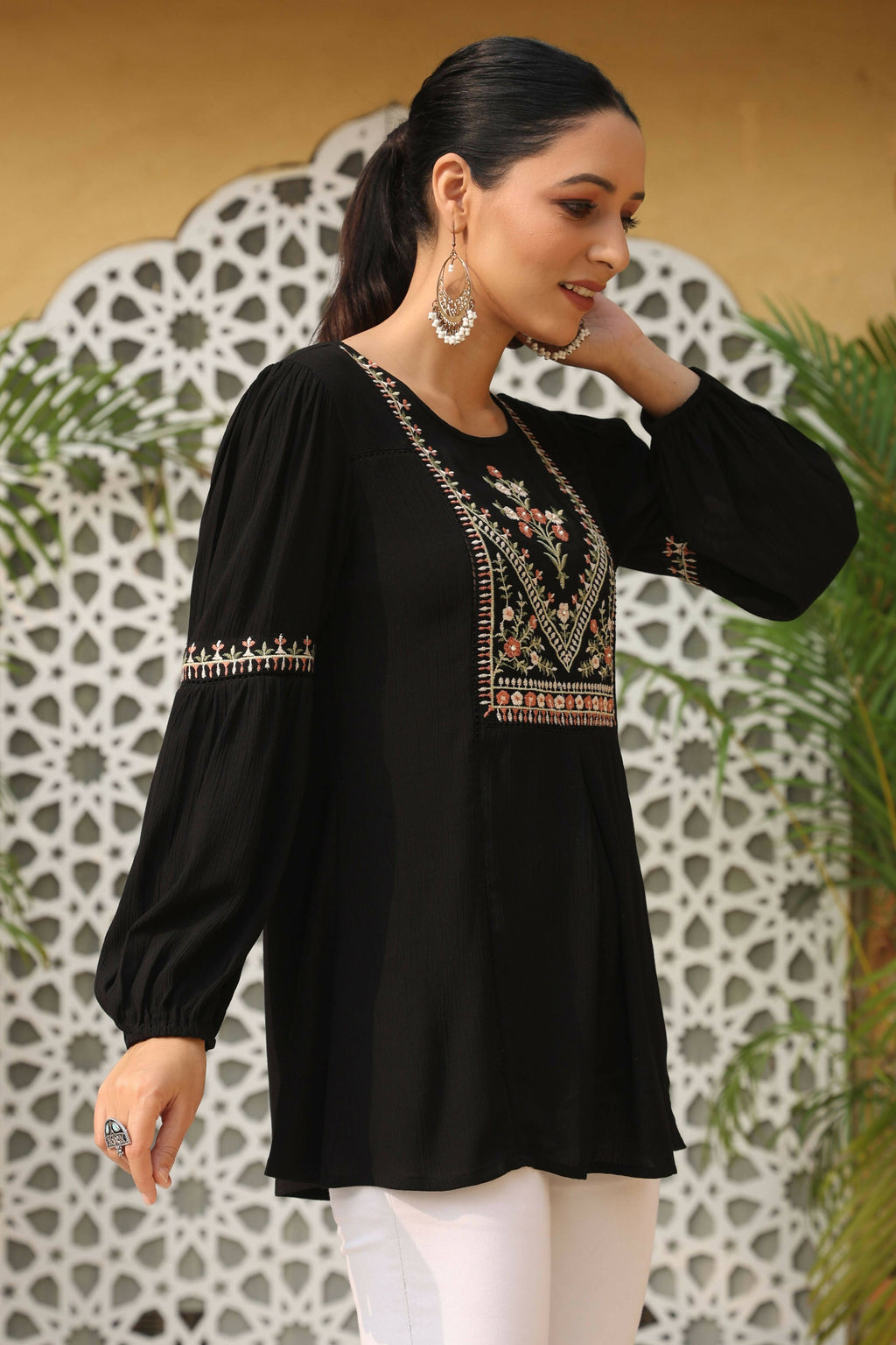 Juniper Women's Black Rayon Crepe Solid With Embroidery Straight Tunic | Grocsy